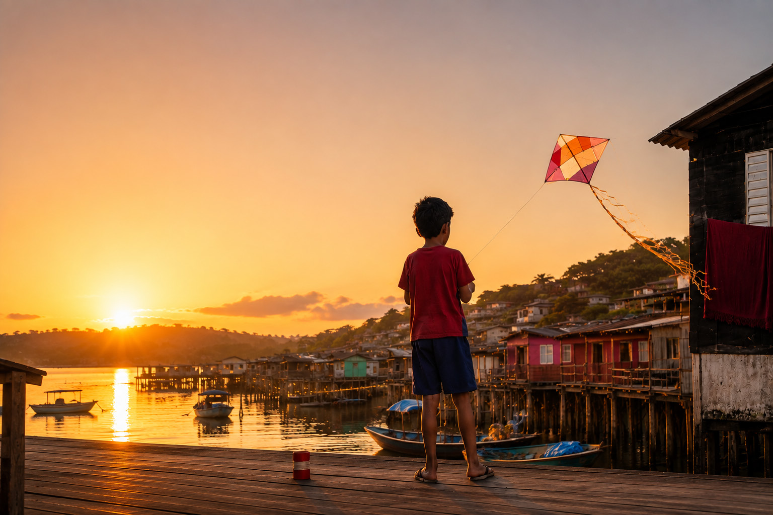 Menino empinando uma pipa em uma comunidade de palafitas ao pôr do sol